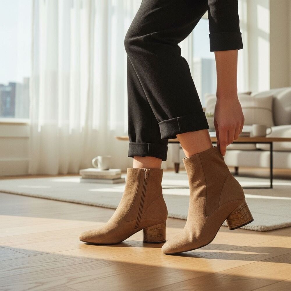 Donald Pliner $268 Gaige Suede Croc Embossed Trim Block Heel Booties Boots Women